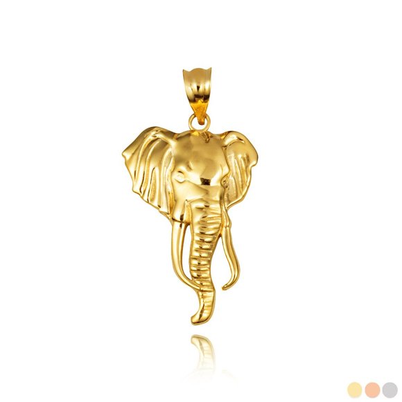 14K Solid Gold Lucky Elephant Wildlife Animal Pendant - Yellow, Rose, or White